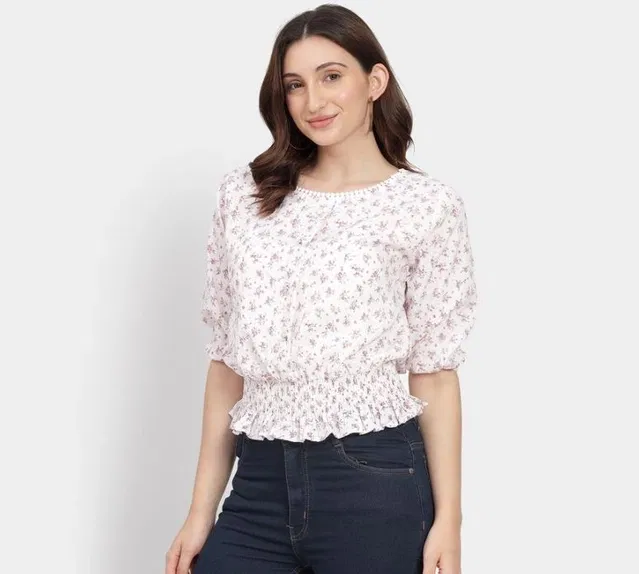 Women's Floral Print Peplum Hem Top, M (White)