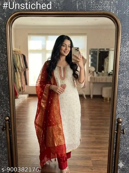 Silk Blend Embroidered Punjabi/All Over Suits for Women (6.45 meter (XL)