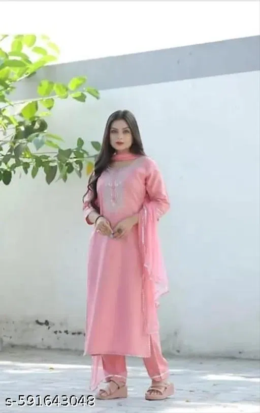 Rayon Slub Kurta Set for Women (Pink, M)