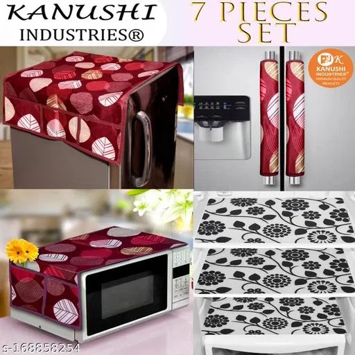 KANUSHI Industries® Fridge/Refrigerator Cove + 1 Pc microwave cover + 2 Pc handle cover + 3 pc Fridge Mats(FRI+MICRO+2-HDL-MAROON-LONG-LEV+M-3)