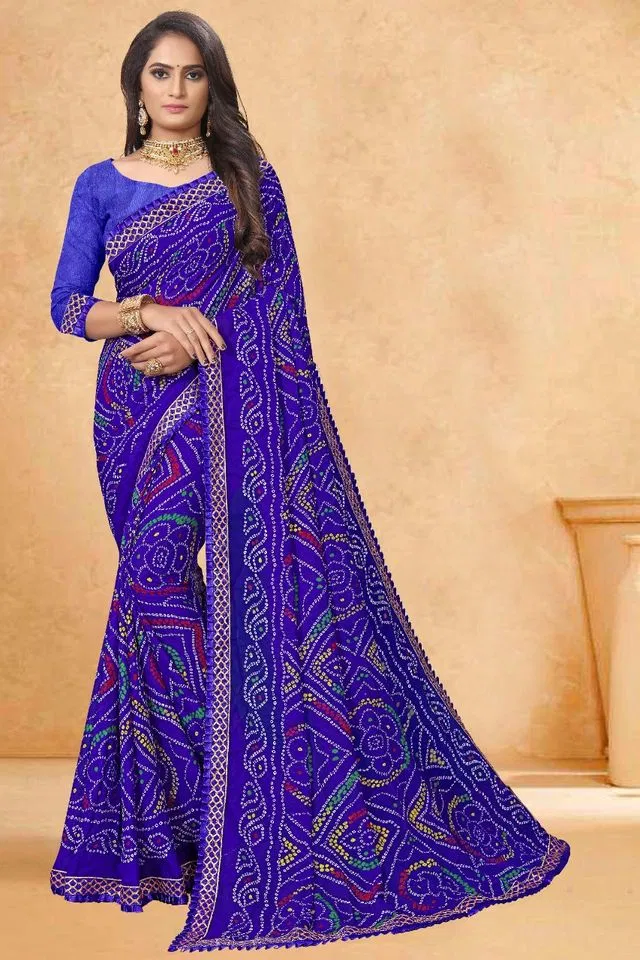Kanooda Prints Fancy Women Georgette Printed Bandhani Saree (Blue)