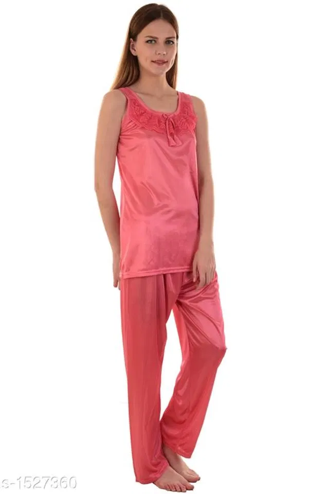 Satin Nightsuit Set for Women (Pink, Free Size)