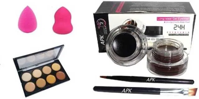 Lenon Gel Eyeliner Black & Brown 8 shade contour concealer 2 beauty blender sponge puff (Set of 4) (S-95)