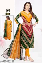 Crepe Printed unstitched suits for women, Mustard