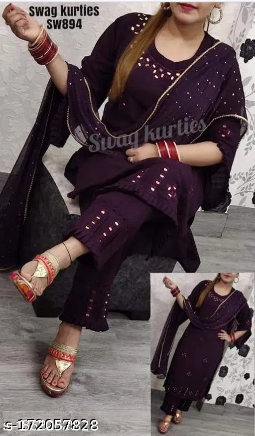 Rayon embroidered Kurta Set with Mirror Work for Women ( Purple,M )