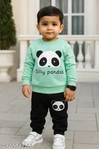 Hosiery Cotton Printed Clothing Set for Kids, Sea Green & Black 