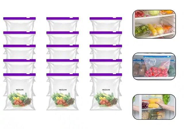 Ziplock Food Storage Pouch for Fridge (Pack of 15, 9x10 Inches) (Purple)