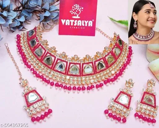Rose Gold Elegant Uncut Kundan Pearl Studded Choker Set for Women (Pink, Free Size)