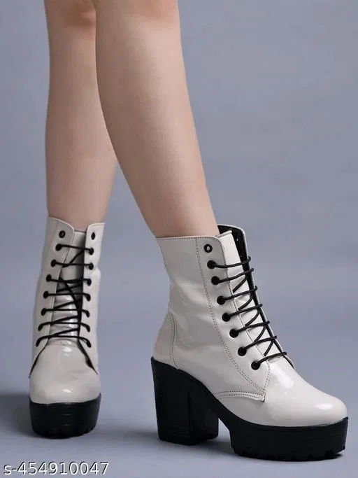 Shoetopia Solid Patent Leather Block Heel Boots Cream (IND-7)