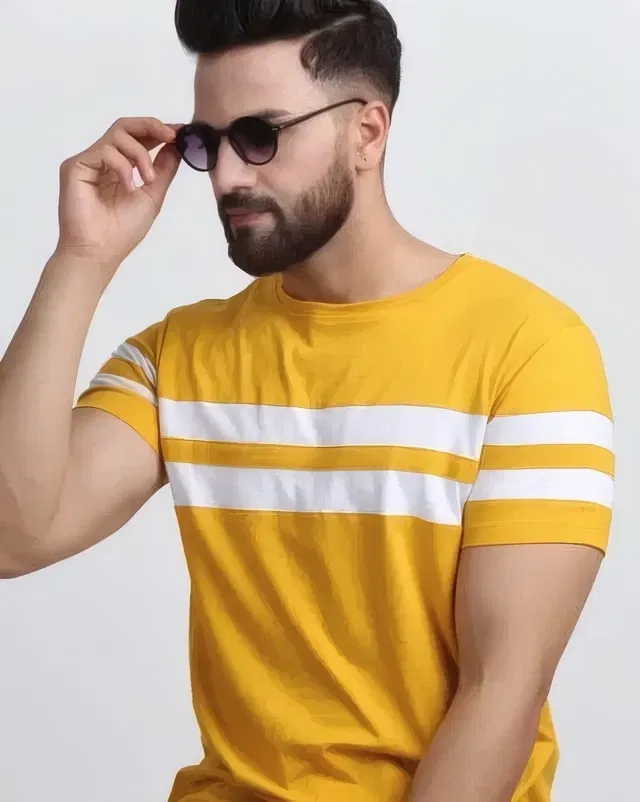 Round Neck Striped T-Shirt for Men (Yellow, L)