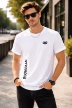 Polyester Printed Round Neck T-shirt for Men, White 