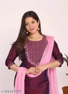 Art Silk Embroidered Kurta with Pant & Dupatta for Women 