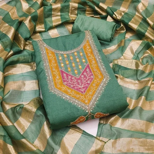 Vichitra Silk Embroidered Unstitched Suit Fabric, Green