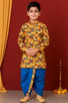 Cotton Printed Kurta with Dhoti for Boys, Yellow & Blue 