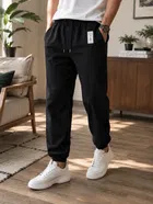 Cotton Blend Solid Trackpant for Men, Black 
