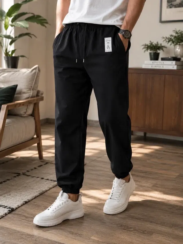 Cotton Blend Solid Trackpant for Men, Black (S)