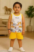 Hosiery Cotton Printed Clothing Set for Kids, Yellow & White 