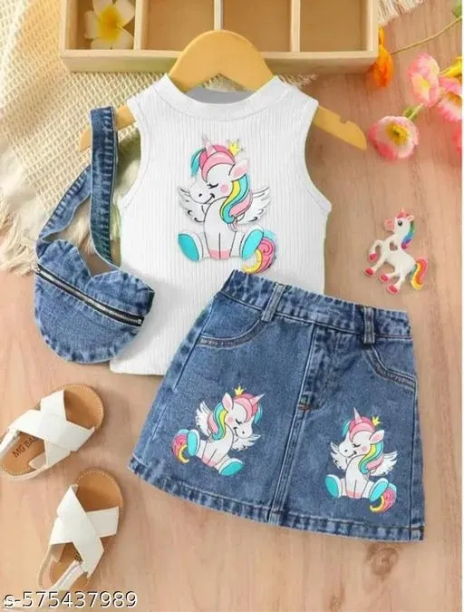 Hosiery Cotton & Denim Printed Clothing Set for Kids, White & Blue (18-24 Months)