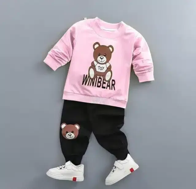 Hosiery Printed Top & Bottom Set for Kids (Pink & Black, 12-18 Months)