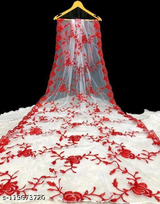 Embroidered Jaipuri Net Floral Sewing & Embroidery (Red, Free Size)