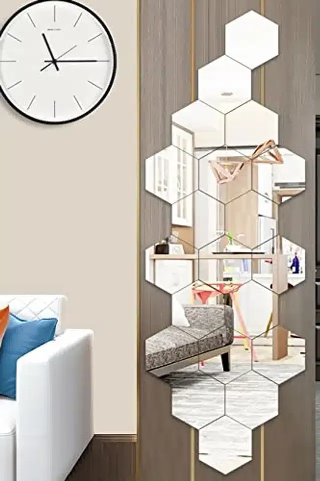 Acrylic Hexagon Shaped Wall Mirror Stickers (Silver, Pack of 20)