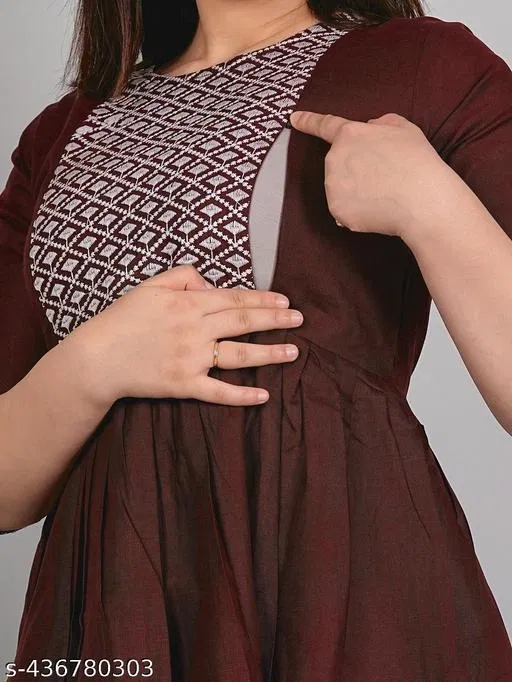 Cotton Embroidered Knee Length Maternity Kurti for Women (Maroon, XXXL)