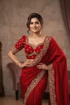 Bollywood Chiffon Saree with Ready Made Blouse and Embroidery Work for Women 