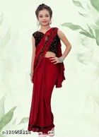 Poly Silk Solid Saree with Blouse for Girls (Red, 3-4 Years)