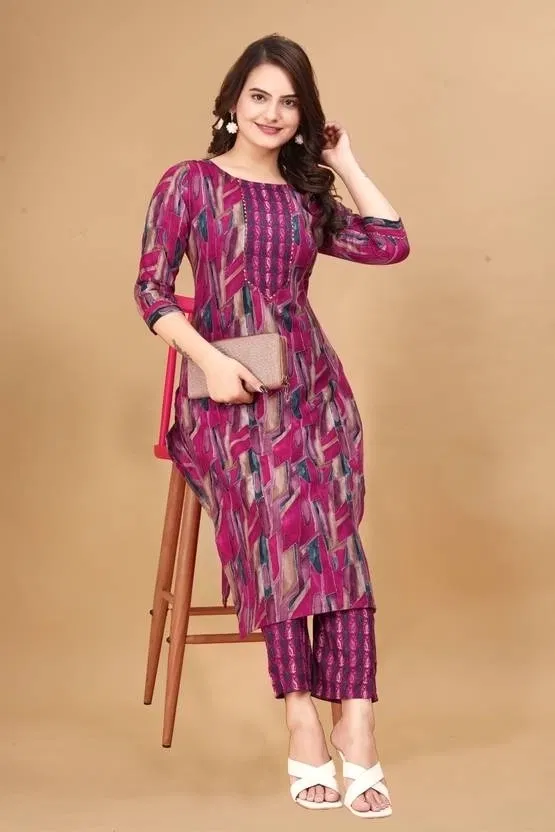 Cotton Printed Women's Kurta with Pant Set (Pink, XL)