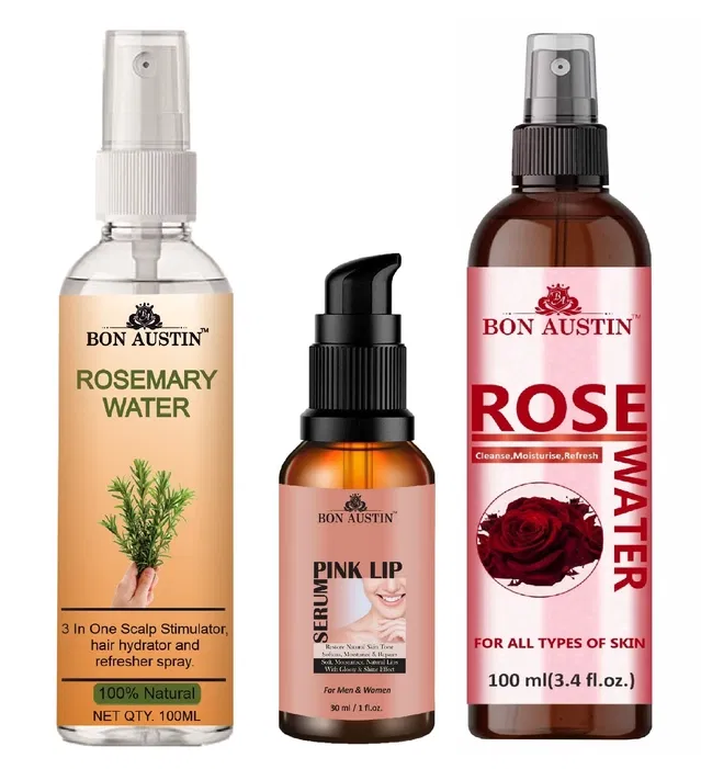 Bon Austin Natural Rosemary Water Hair Spray (100 ml) with Lip Serum (30 ml) & Natural Rose Water (100 ml) (Set of 3)