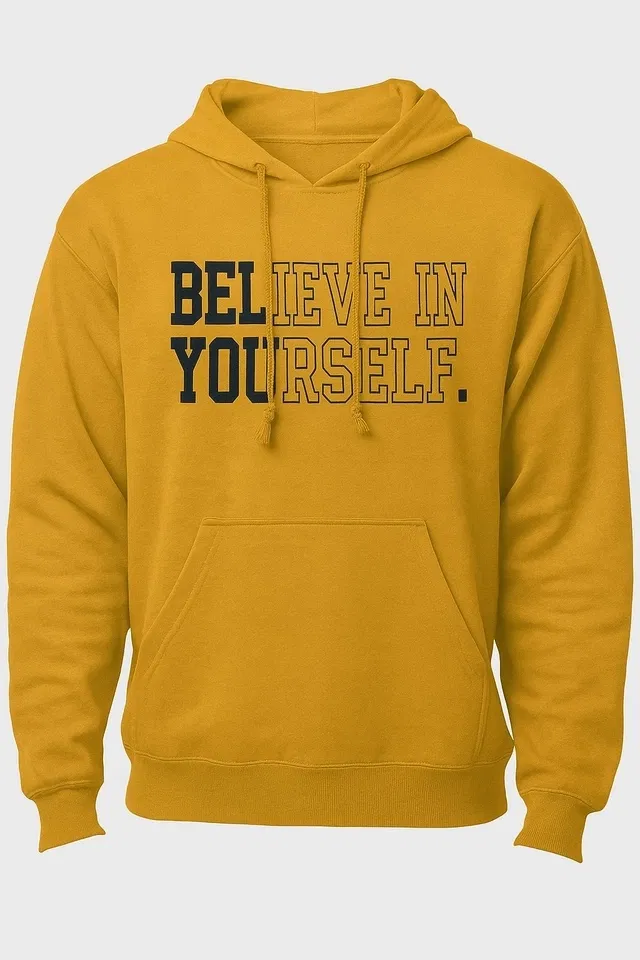 Full Sleeve Believe Printed Fleece Hoodie for Men (Yellow, L)
