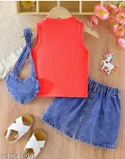 Hosiery Cotton & Denim Printed Clothing Set for Kids, Red & Blue 