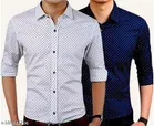 Cotton Blend Printed Shirts for Men, White & Blue, Pack of 2 