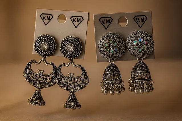 Women's Silver-Tone Traditional Jhumka & Boho Earrings & Stud Set (Pack of 2)