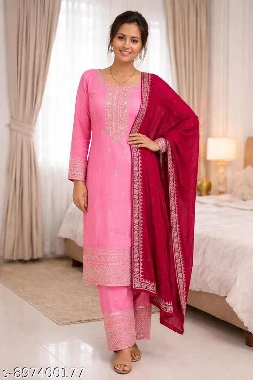 Cotton Silk Suit for Women (Red, XXL)