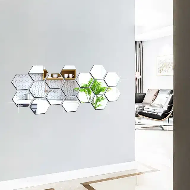 Acrylic Hexagon Shaped Wall Mirror Stickers (Silver, Pack of 17)