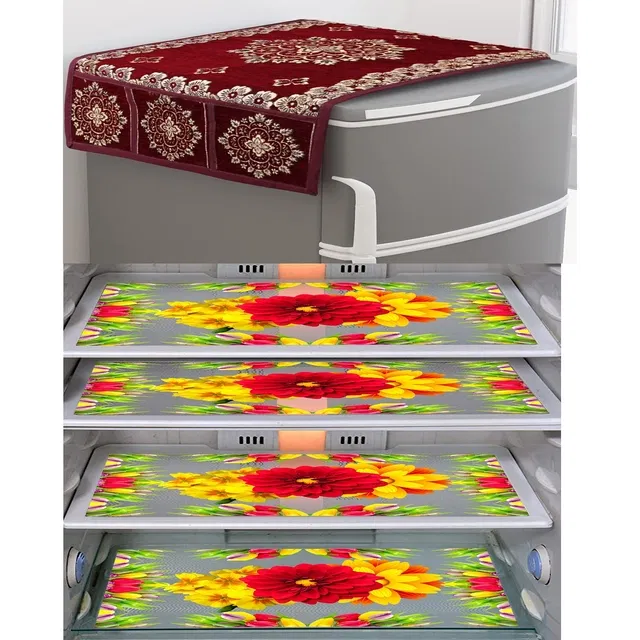 PVC Waterproof Fridge Top Cover with 4 Pcs Shelf Mats (Multicolor, Set of 1)