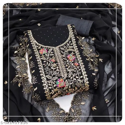 Embellished Embroidered Palazzo Suit Set (Black, 6.45 meter for Women (XL)