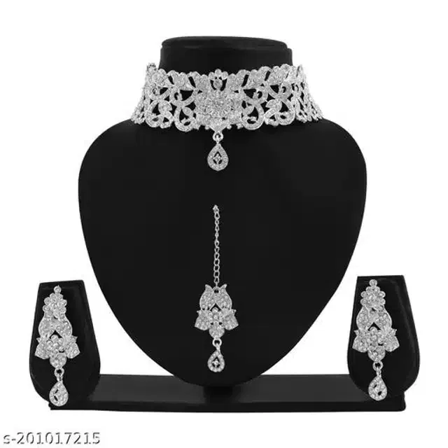 Alloy Necklace with Earrings & Maangtika for Women (Blue, Set of 1)