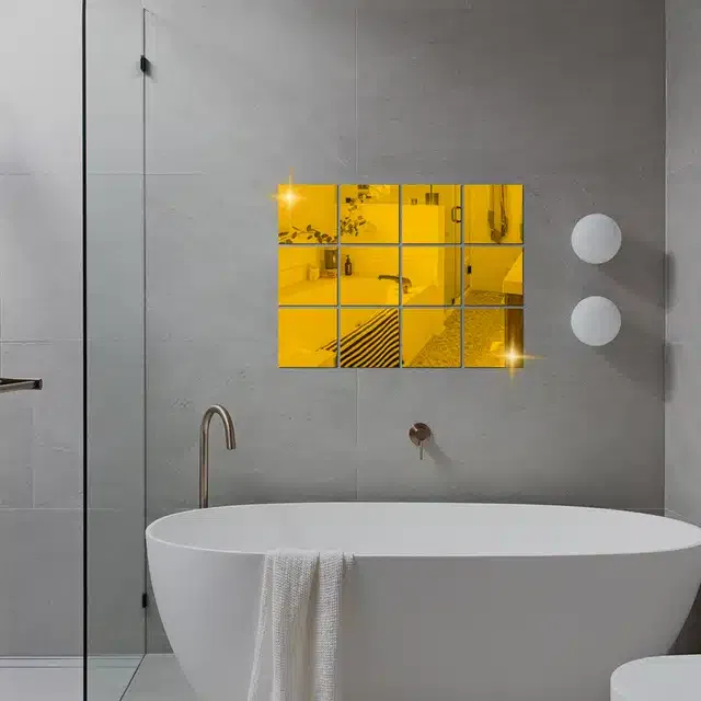 Acrylic Square Shaped Wall Mirror Stickers (Gold, Pack of 12)