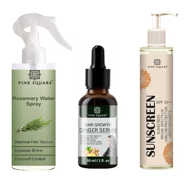 Pink Square Rosemary Hair Spray (100 ml) with Hair Growth Ginger Serum (30 ml) & Spf Sunscreen Lotion (100 ml) (Set of 3)