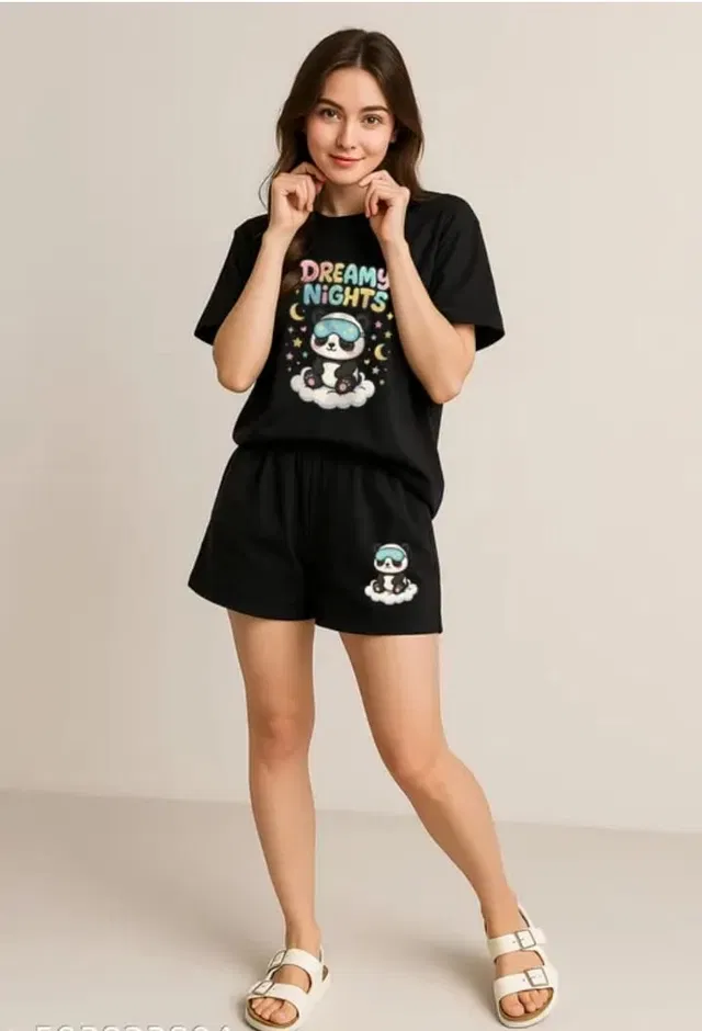 Cotton Blend Printed Top & Bottom Set for Women, Black (S)
