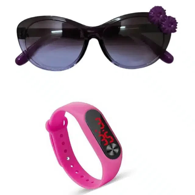 UV Protected Sunglass with Digital Watch for Boys & Girls (Black & Pink, Set of 2)