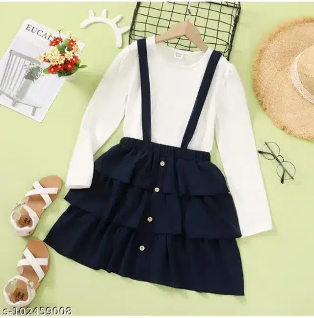 Crepe Full Sleeves Top & Bottom Clothing Set for Girls (White & Navy Blue, 12-18 Months)