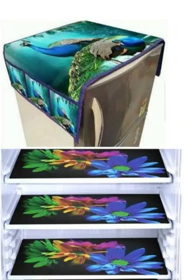 Knit Printed Fridge 3 Pcs Mat with Top Cover (Multicolor, Set of 1)