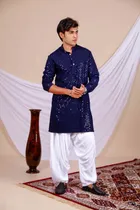 Cotton Blend Embroidered Kurta for Men (Navy Blue, S)