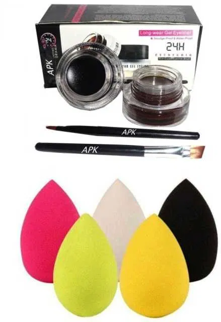 Lenon Gel Eyeliner Black & Brown 3 Beauty Blender Sponge Puff for Face Makeup (Pack of 4) (S-36)