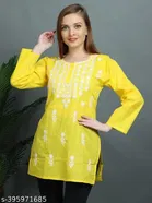 Cotton Chikankari Short Kurti for Women, Yellow 