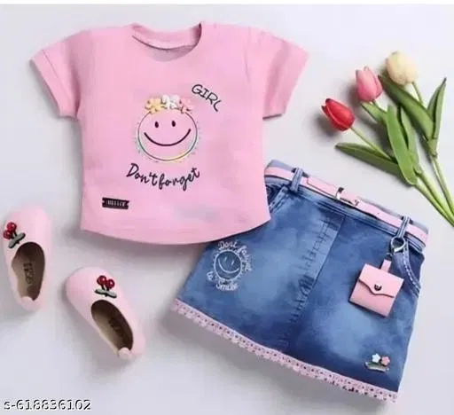 Hosiery Cotton & Denim Printed Clothing Set for Kids, Pink & Blue (0-3 Months)
