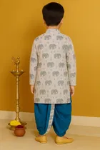 Cotton Blend Printed Kurta with Dhoti for Boys, White & Blue 